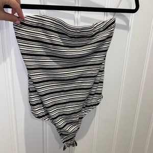 Black and White Striped Strapless Bodysuit